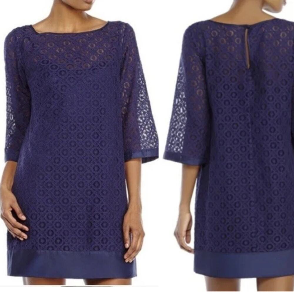 Laundry Shelli Segal Womens Lace Shift Dress Size 10 Navy Blue 3/4‎ Bell Sleeves